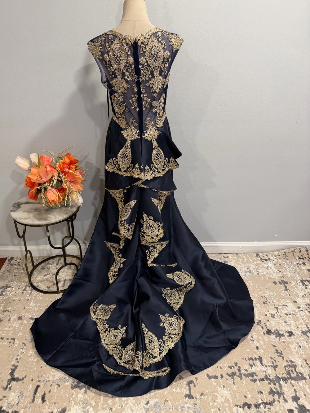 Stella Couture Navy Blue & Gold Lace Appliqué Embellished Cascading Ruffle Gown